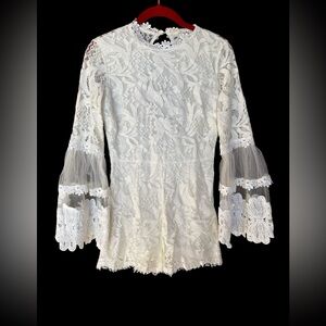 Pink Owl White Lace Flared Sleeve Bodycon Romper Size Small